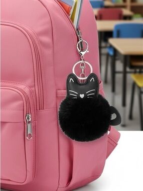 3/$9 New! Black Kitty Cat Pom-Pom Charm Key Chain With Silver Hardware